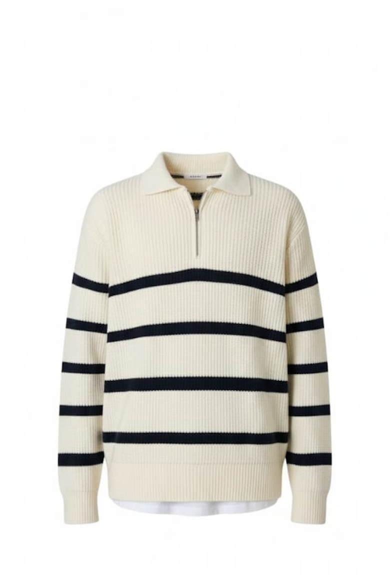 Cream and Navy Striped Half-Zip Knit Sweater