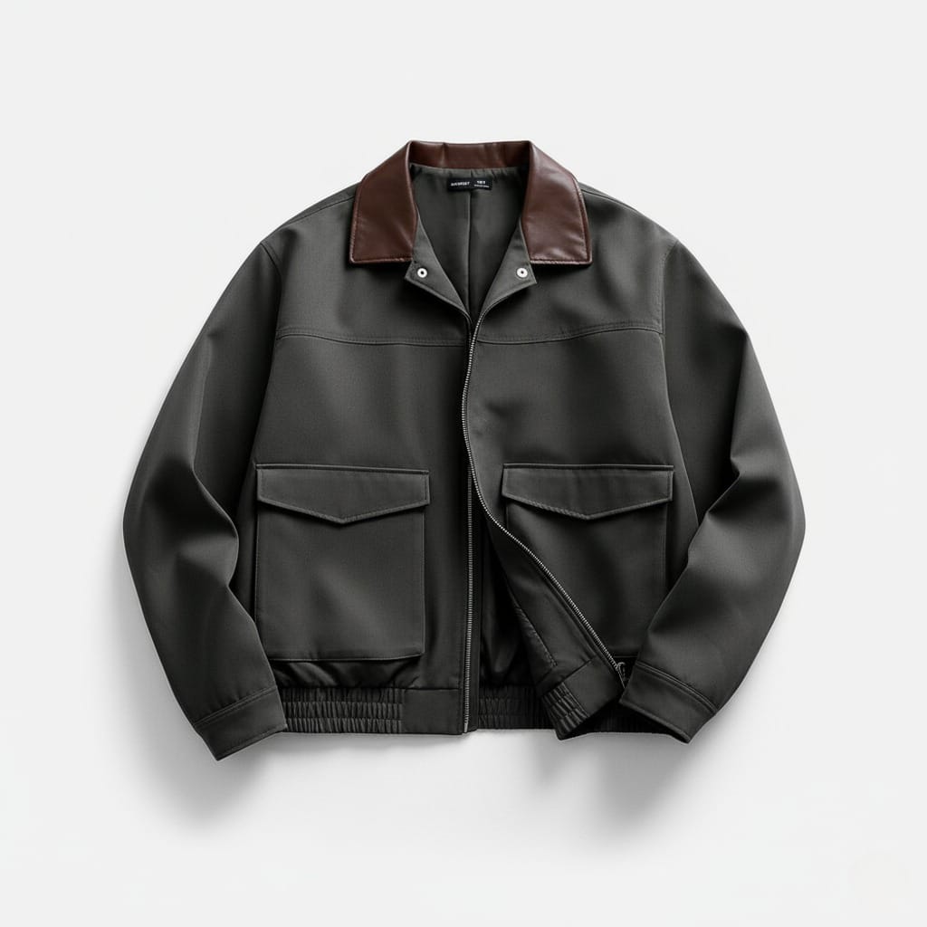 Dark Gray Bomber Jacket with Contrast Collar