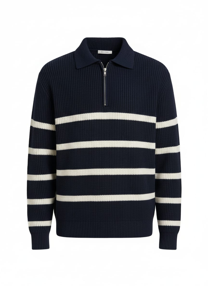Navy Blue Striped Half-Zip Knit Sweater