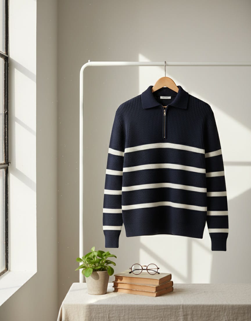 Navy Blue Striped Half-Zip Knit Sweater
