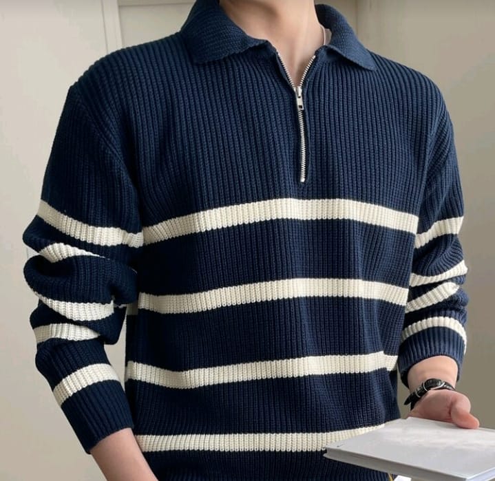 Navy Blue Striped Half-Zip Knit Sweater