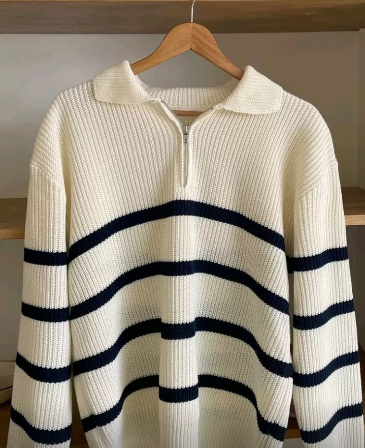 Cream and Navy Striped Half-Zip Knit Sweater