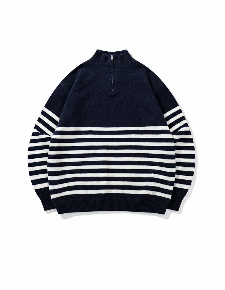 Navy and White Striped Half-Zip Sweater