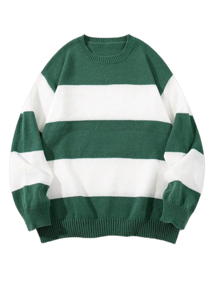 Green and White Bold Stripe Knit Sweater