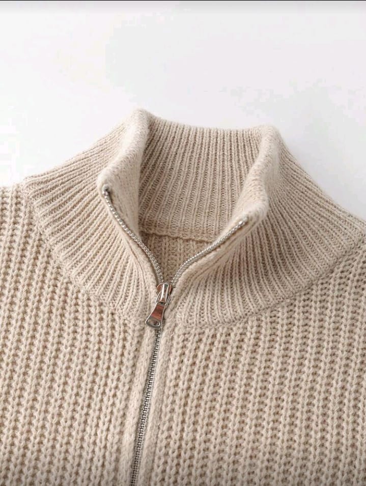 Beige Half-Zip Ribbed Knit Sweater