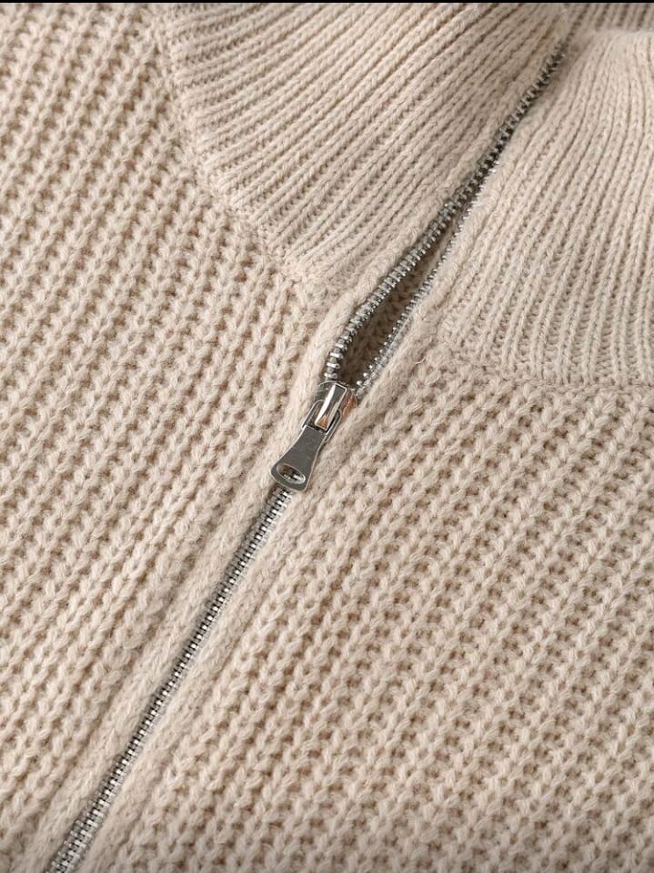 Beige Half-Zip Ribbed Knit Sweater