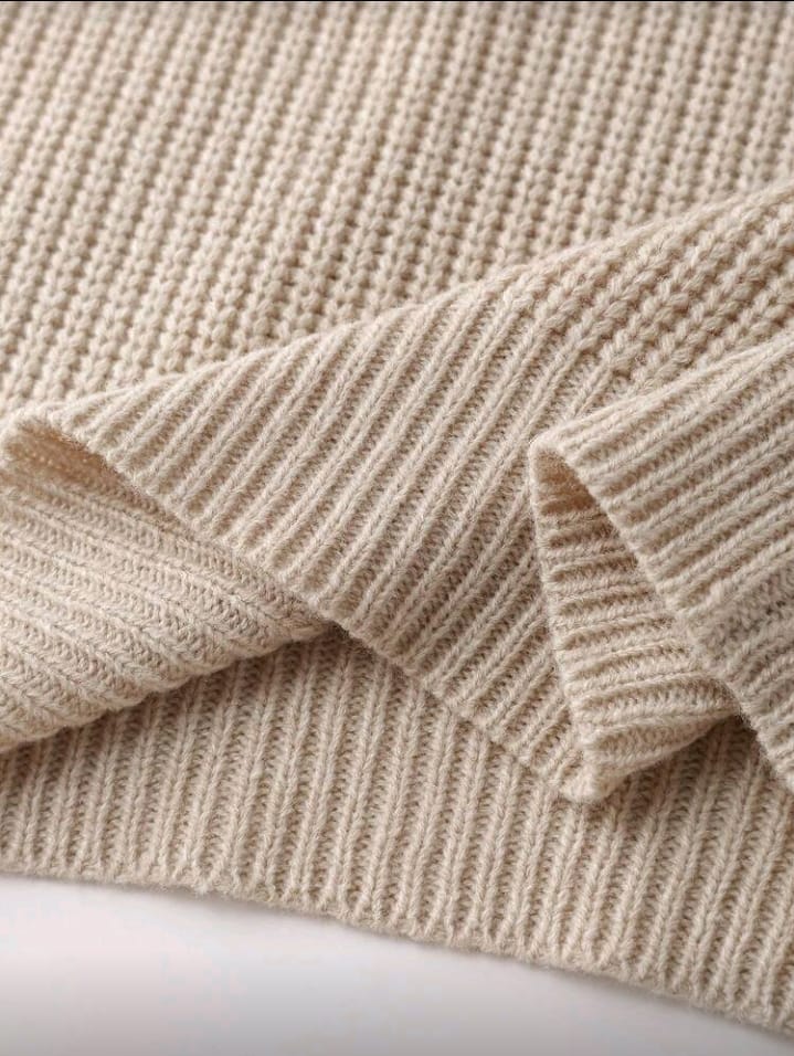 Beige Half-Zip Ribbed Knit Sweater