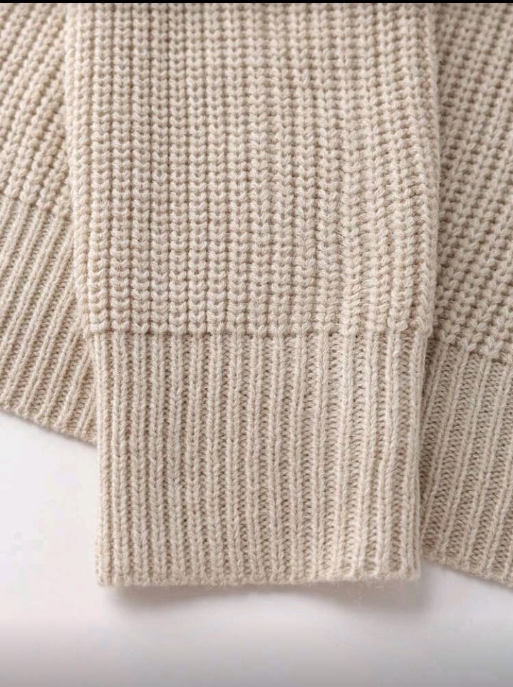 Beige Half-Zip Ribbed Knit Sweater