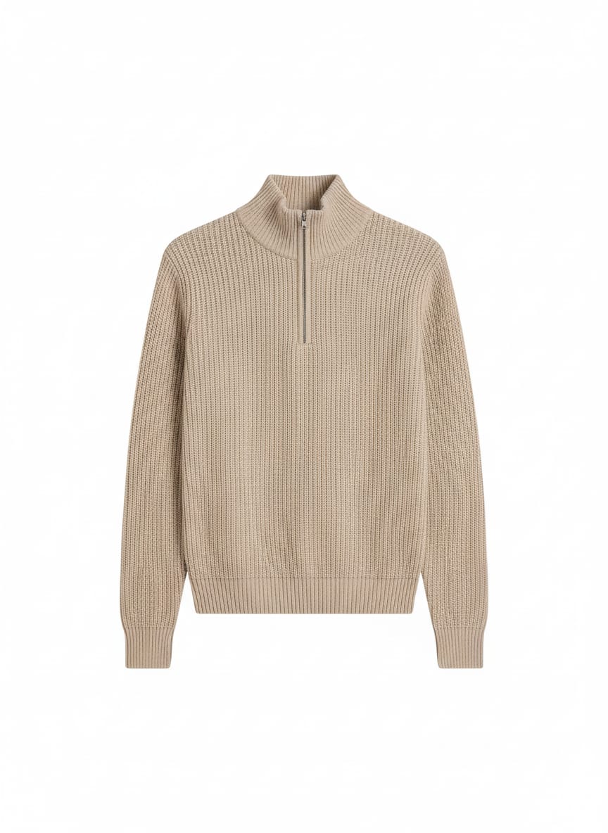 Beige Half-Zip Ribbed Knit Sweater