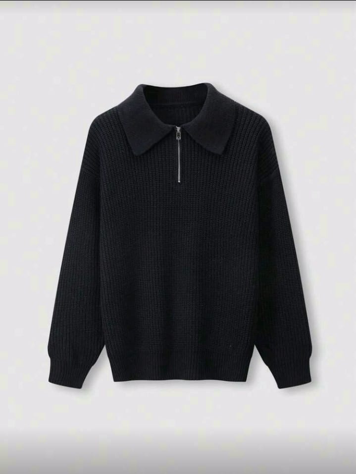 Black Half-Zip Knit Sweater with Collar