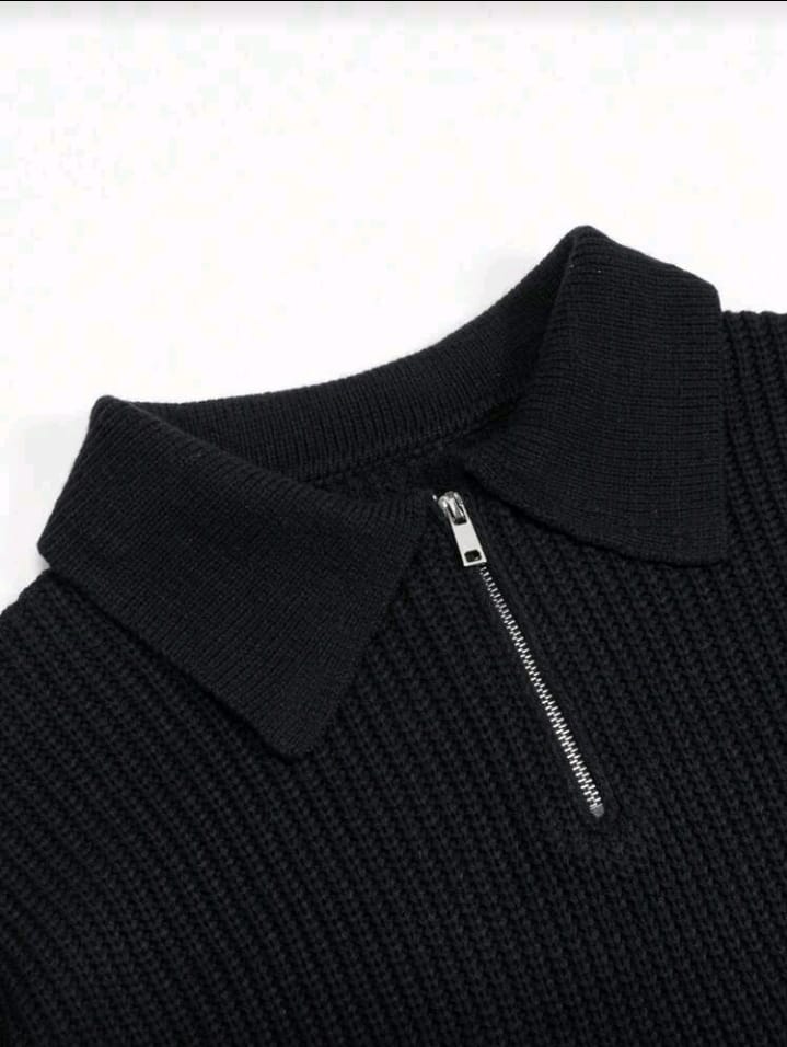 Black Half-Zip Knit Sweater with Collar