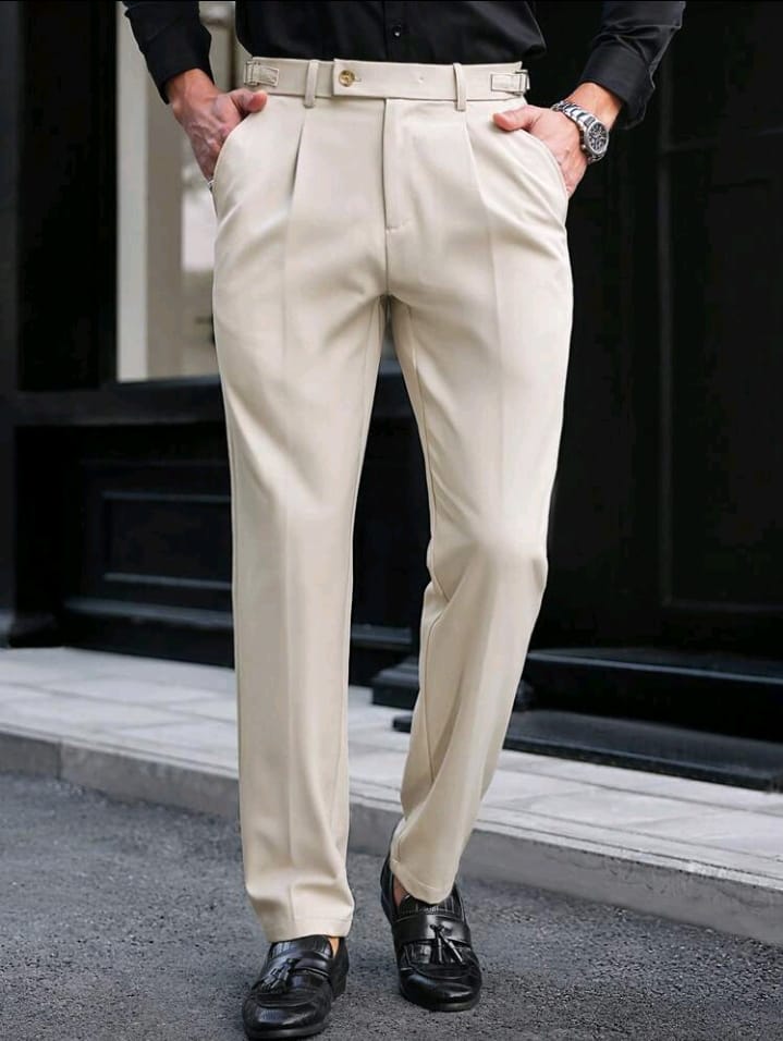 Cream Tailored Pleated Trousers