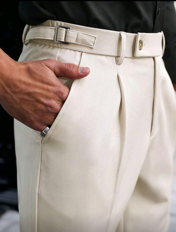 Cream Tailored Pleated Trousers