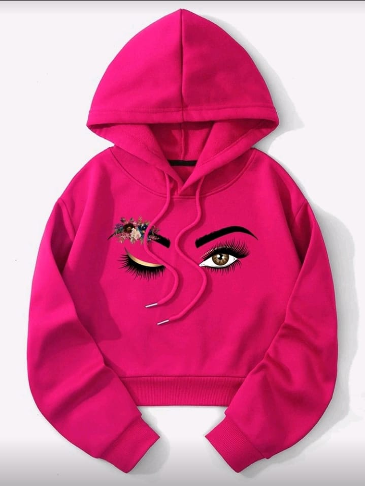 Fuchsia Cropped Hoodie with Dramatic Eye & Floral Print