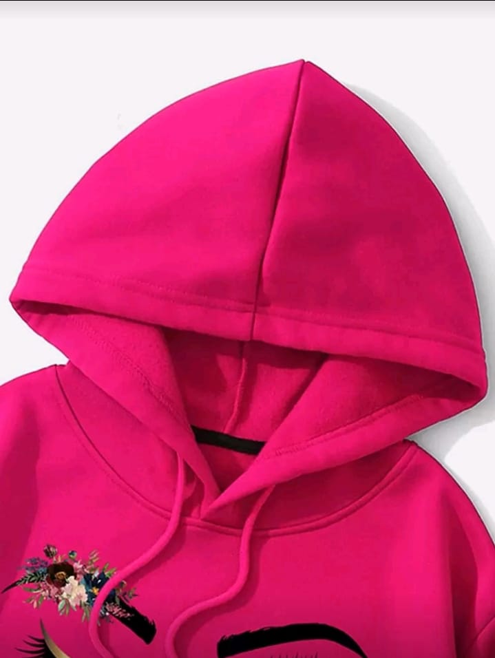 Fuchsia Cropped Hoodie with Dramatic Eye & Floral Print