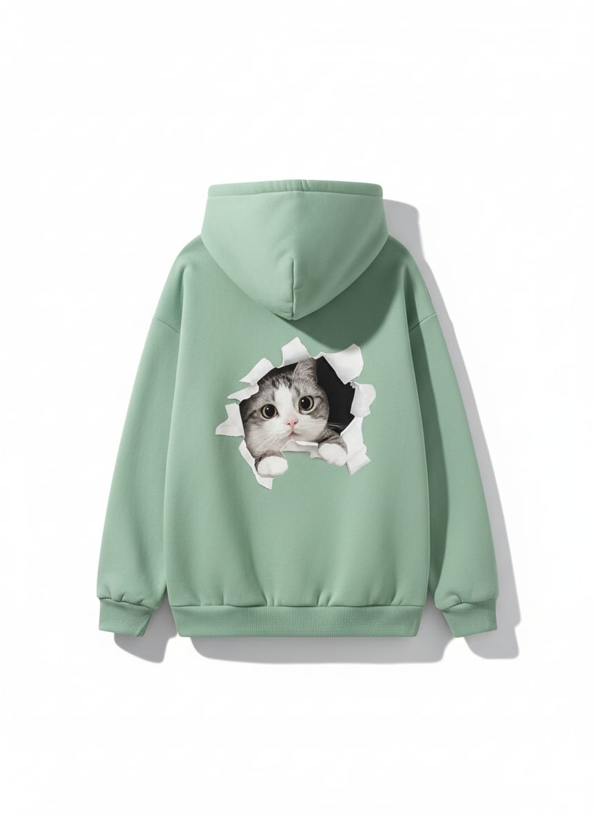 Women's Adorable Peeking Kitten Graphic Hoodie - Mint Green