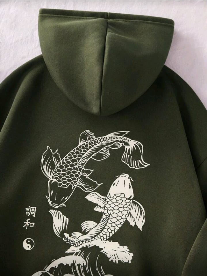 Mystical Harmony Koi Fish Graphic Hoodie - Dark Green