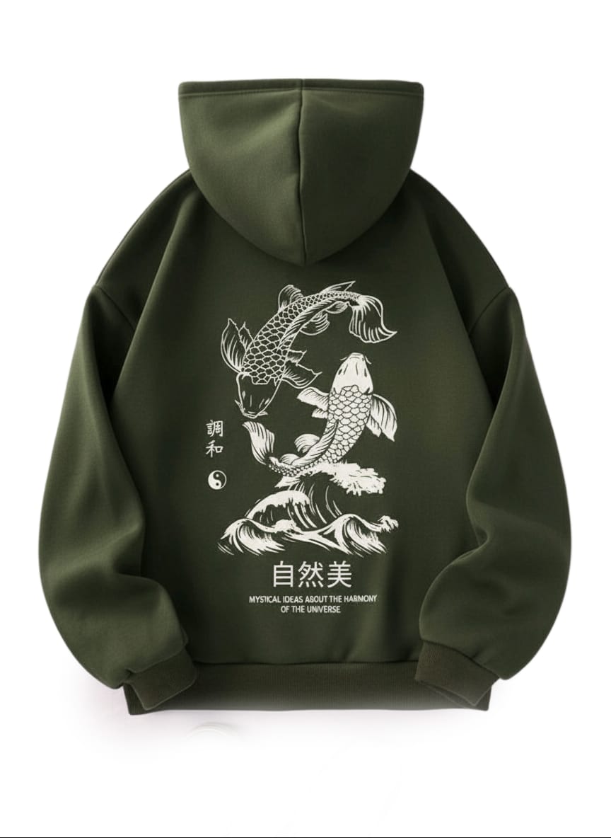 Mystical Harmony Koi Fish Graphic Hoodie - Dark Green