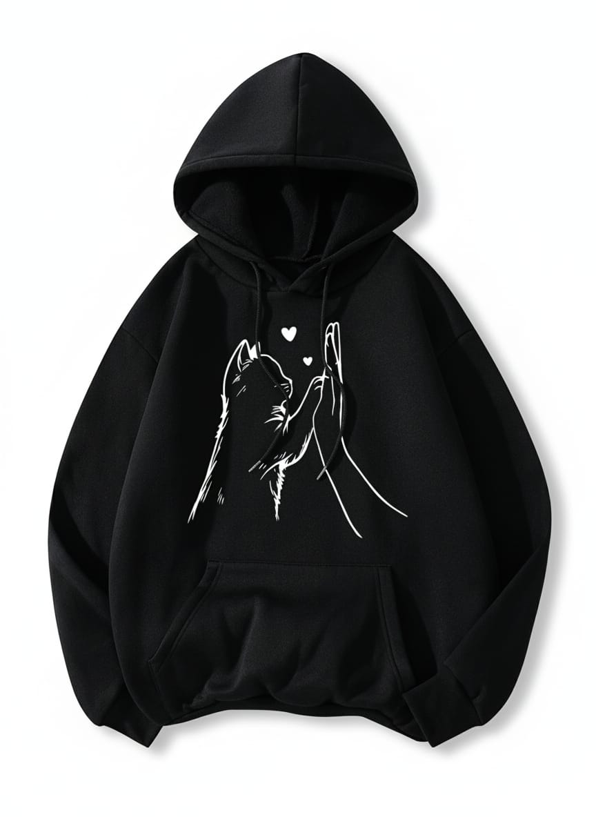Women's "High-Five" Cat Love Graphic Hoodie - Black