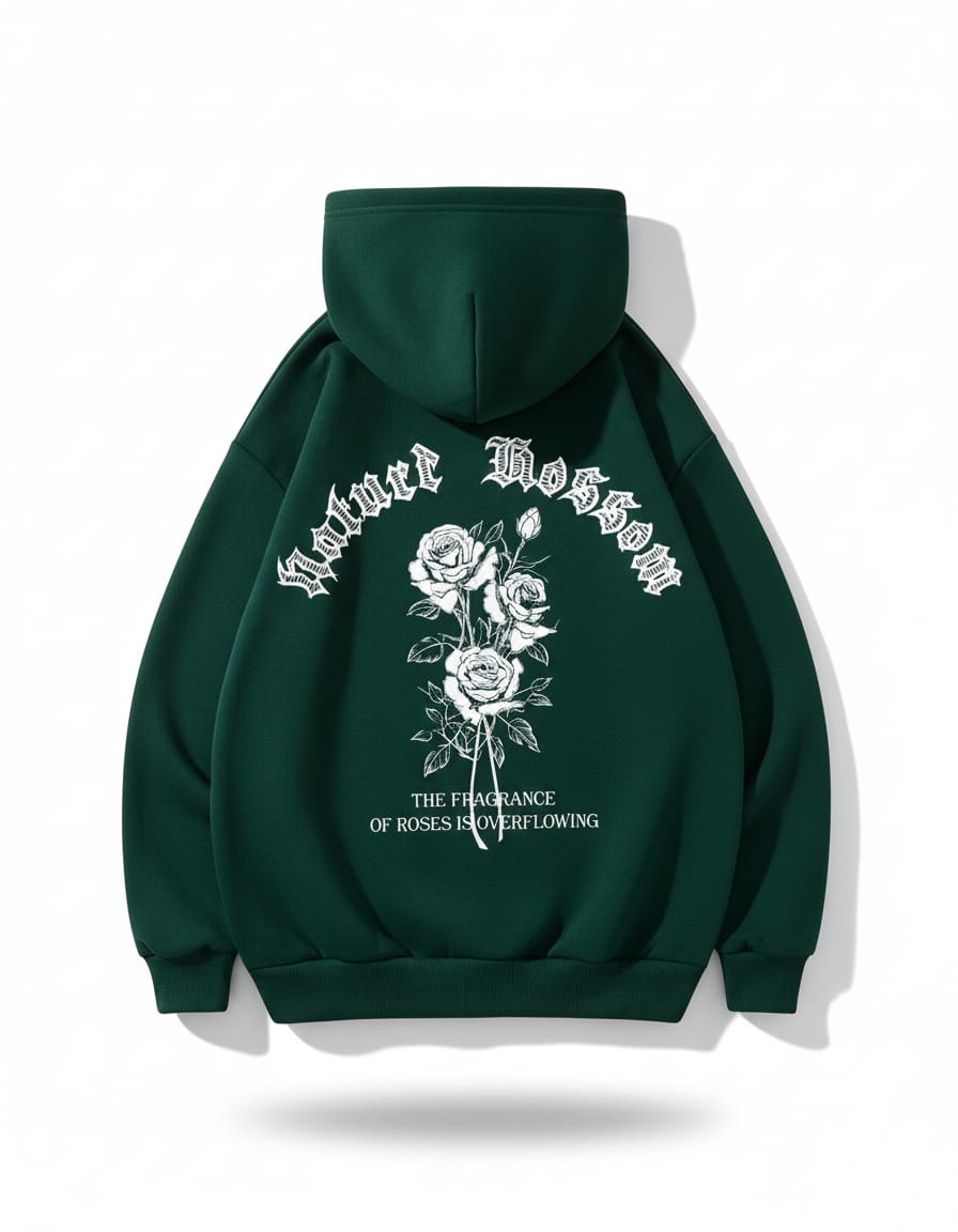 Women's "Natural Blossom" Rose Graphic Hoodie - Dark Green