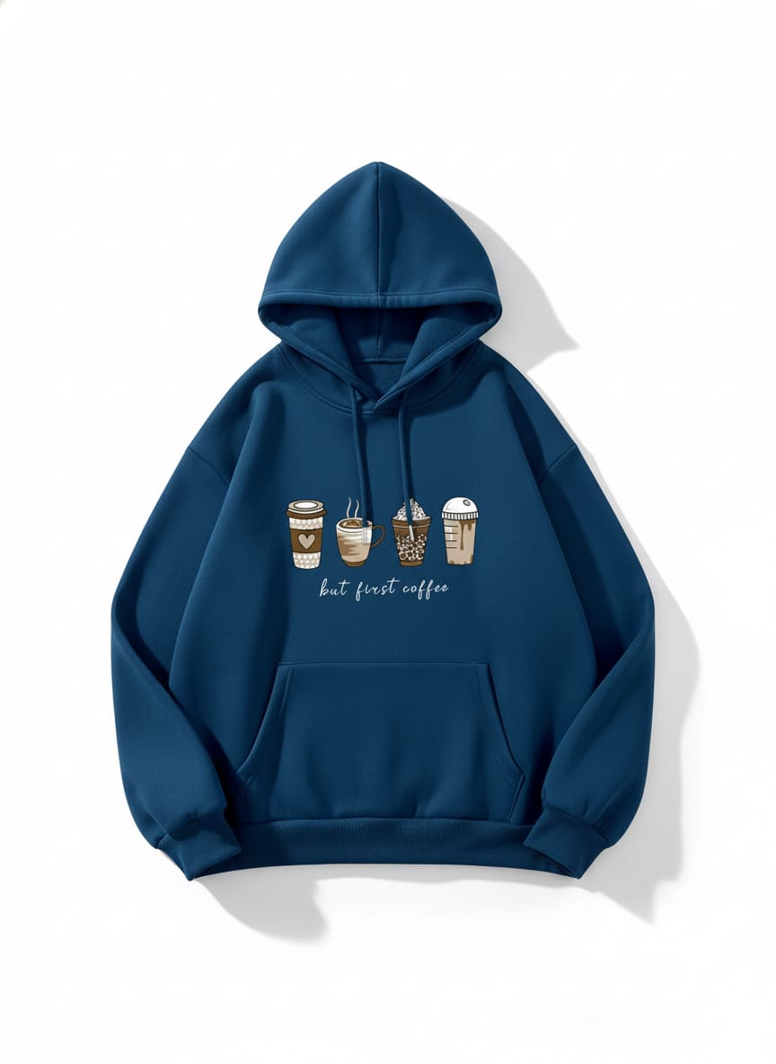 Women's Navy "But First Coffee" Graphic Hoodie