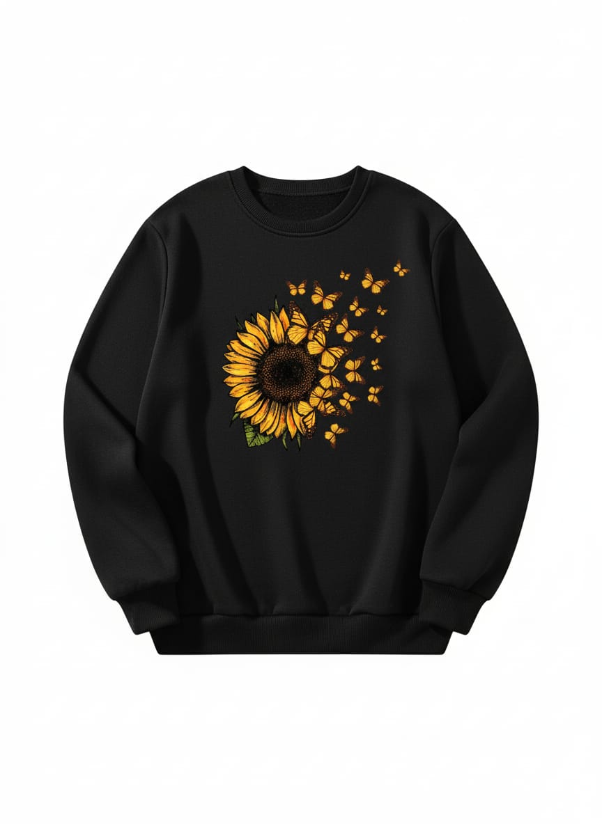 Women's Sunflower and Butterfly Graphic Sweatshirt - Black
