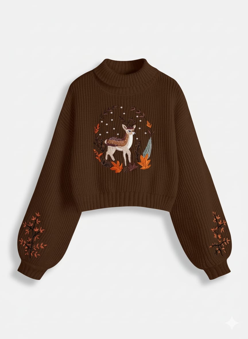 Woodland Fawn Embroidered Mock Neck Sweater
