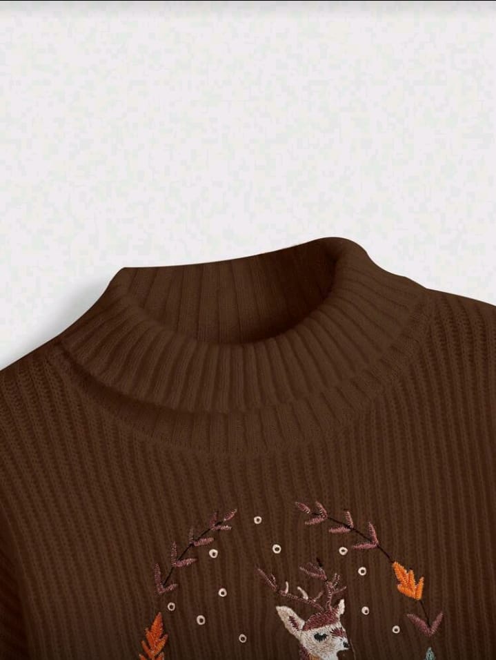 Woodland Fawn Embroidered Mock Neck Sweater