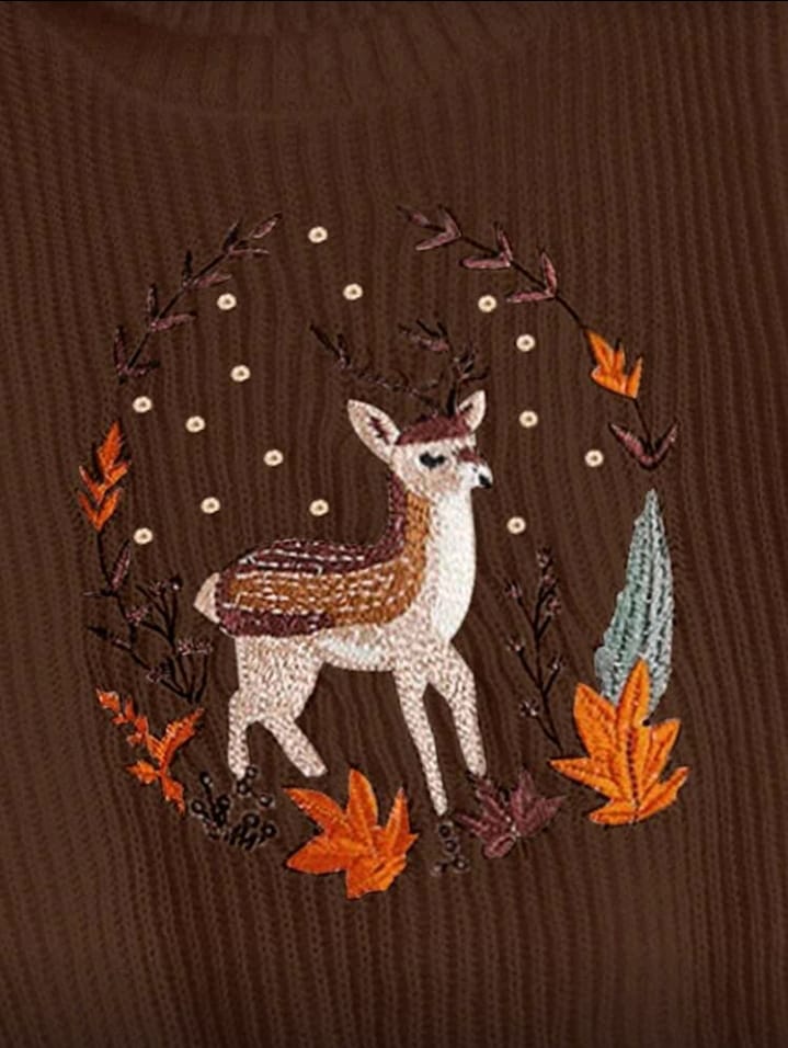 Woodland Fawn Embroidered Mock Neck Sweater