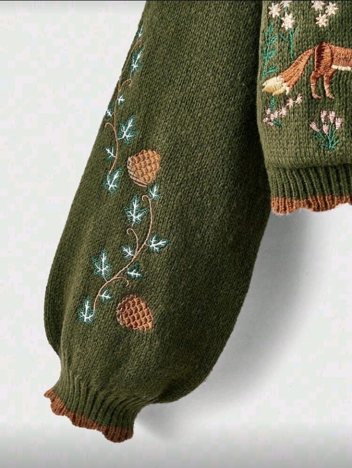 Forest Fox Embroidered Cropped Cardigan