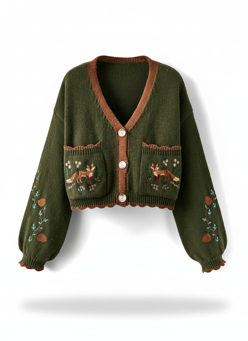 Forest Fox Embroidered Cropped Cardigan