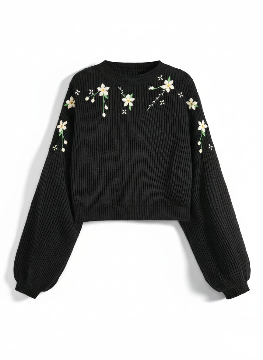 Black Floral Embroidered Balloon Sleeve Sweater