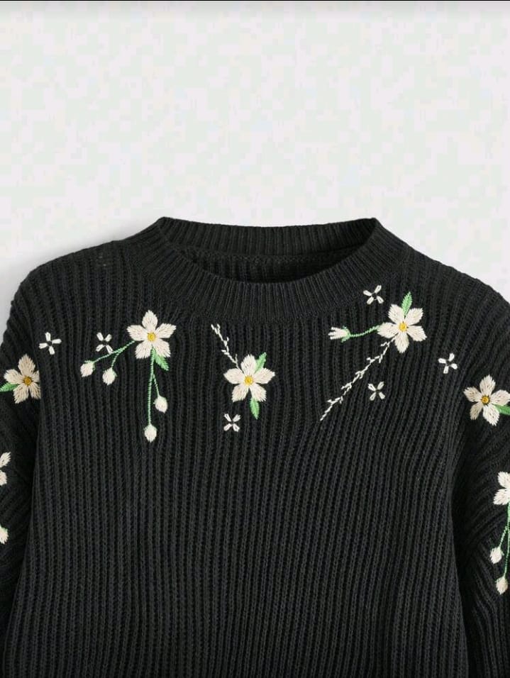 Black Floral Embroidered Balloon Sleeve Sweater
