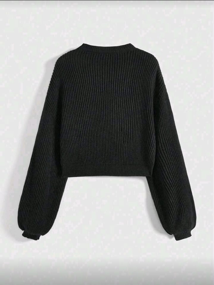 Black Floral Embroidered Balloon Sleeve Sweater