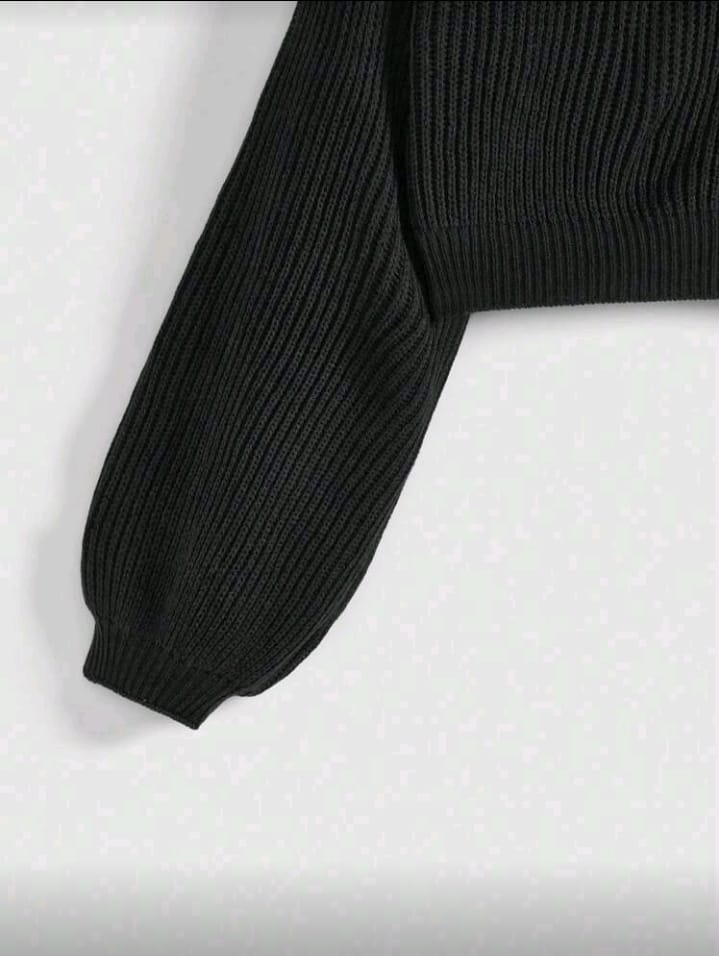 Black Floral Embroidered Balloon Sleeve Sweater