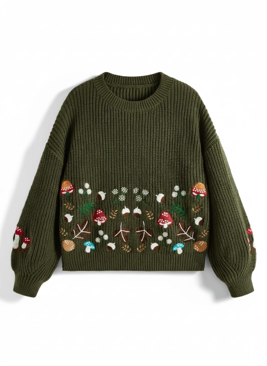 Whimsical Mushroom & Forest Embroidered Sweater
