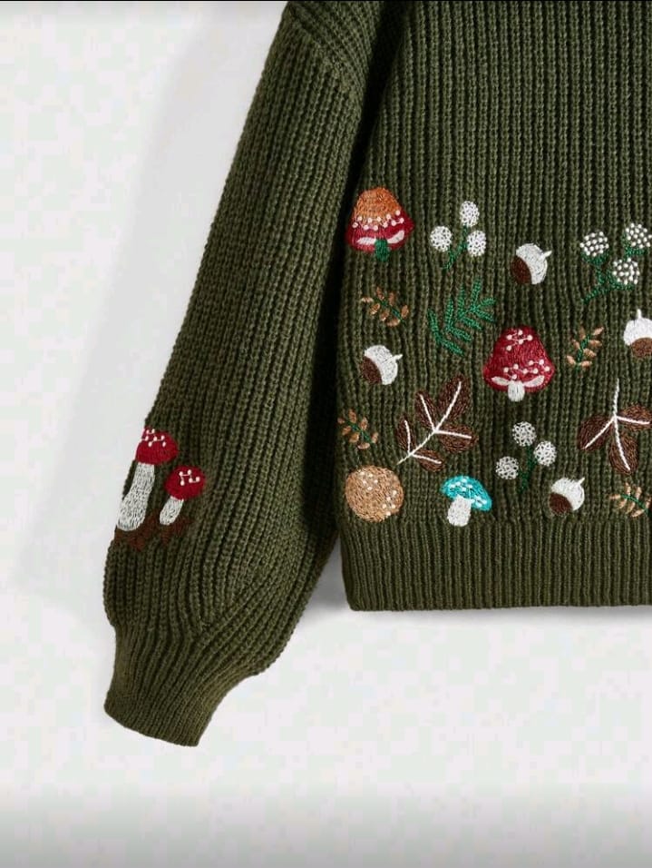 Whimsical Mushroom & Forest Embroidered Sweater