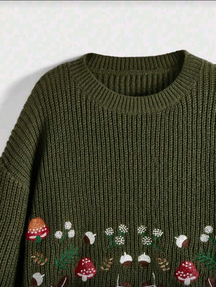 Whimsical Mushroom & Forest Embroidered Sweater