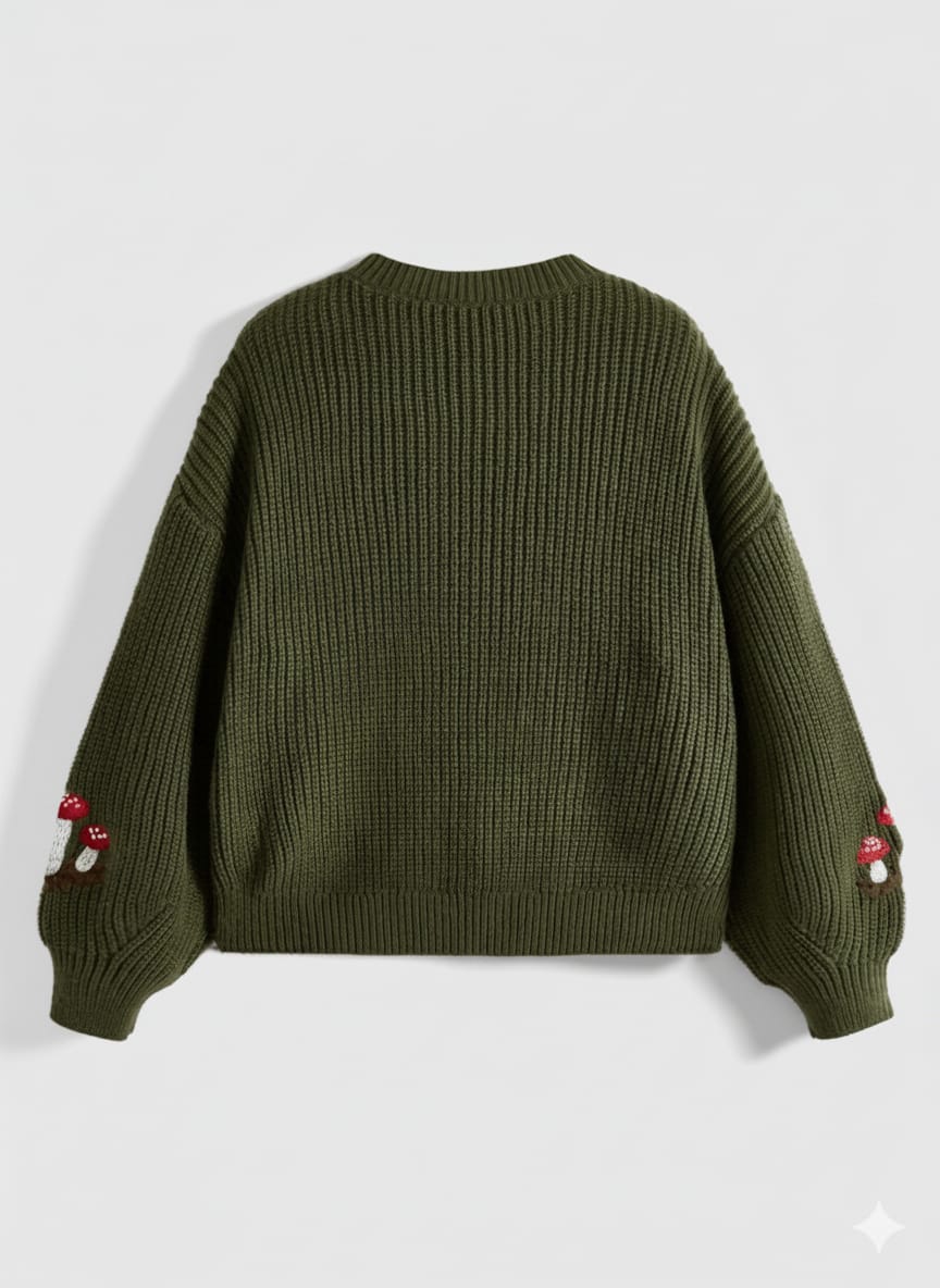 Whimsical Mushroom & Forest Embroidered Sweater