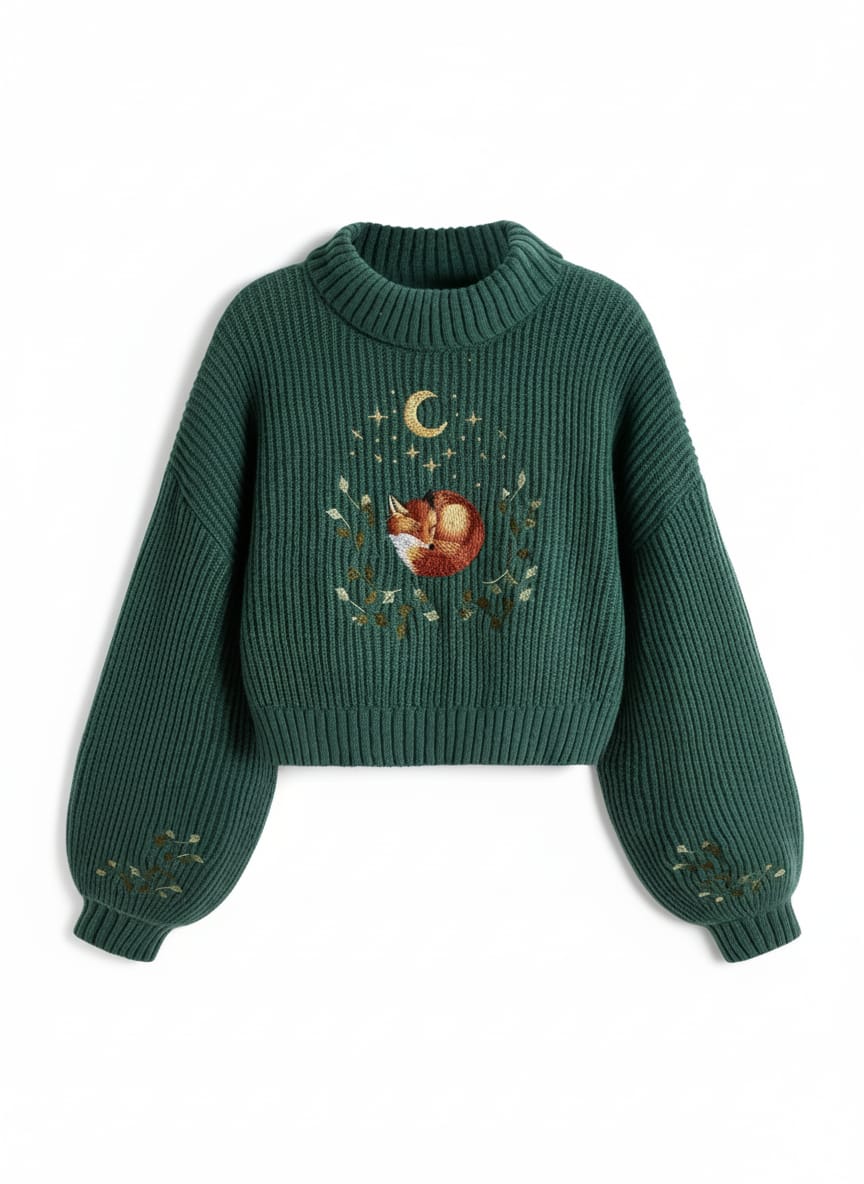 Celestial Fox Embroidered Mock Neck Sweater