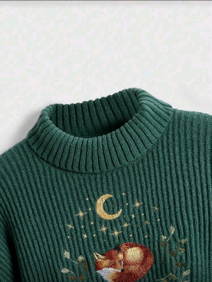 Celestial Fox Embroidered Mock Neck Sweater