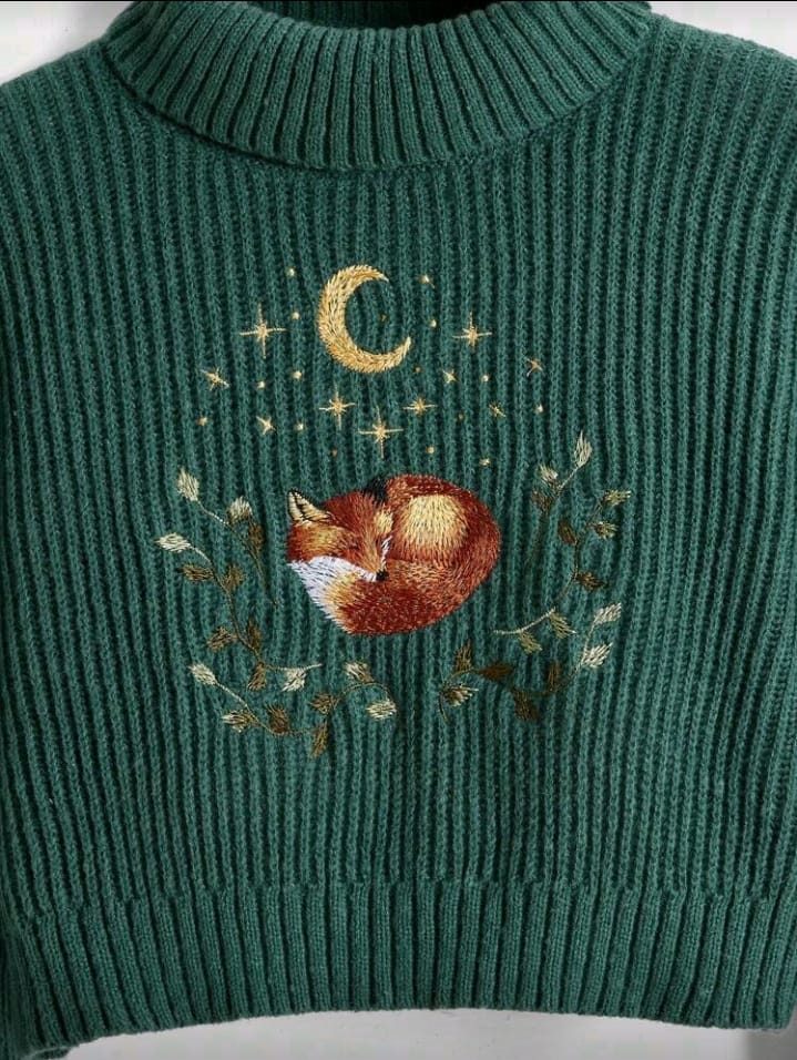 Celestial Fox Embroidered Mock Neck Sweater