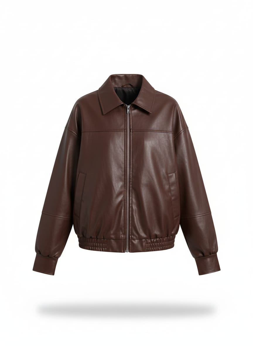 Chocolate Brown Oversized Faux Leather Bomber Women Jacket