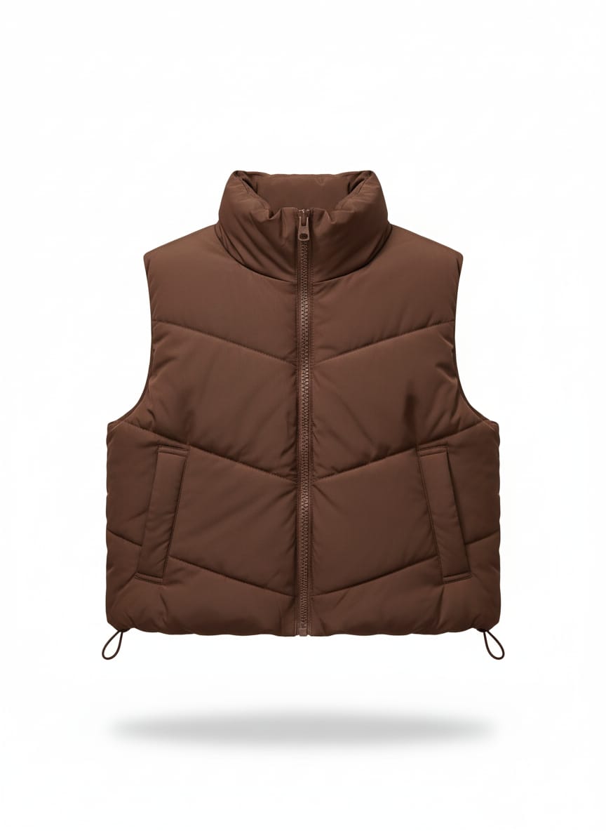 Mocha Cropped Puffer Vest with High Collar