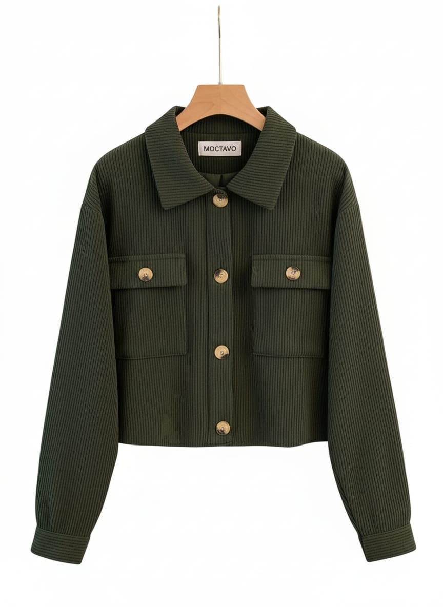 Forest Green Ribbed Knit Cropped Shirt Jacket