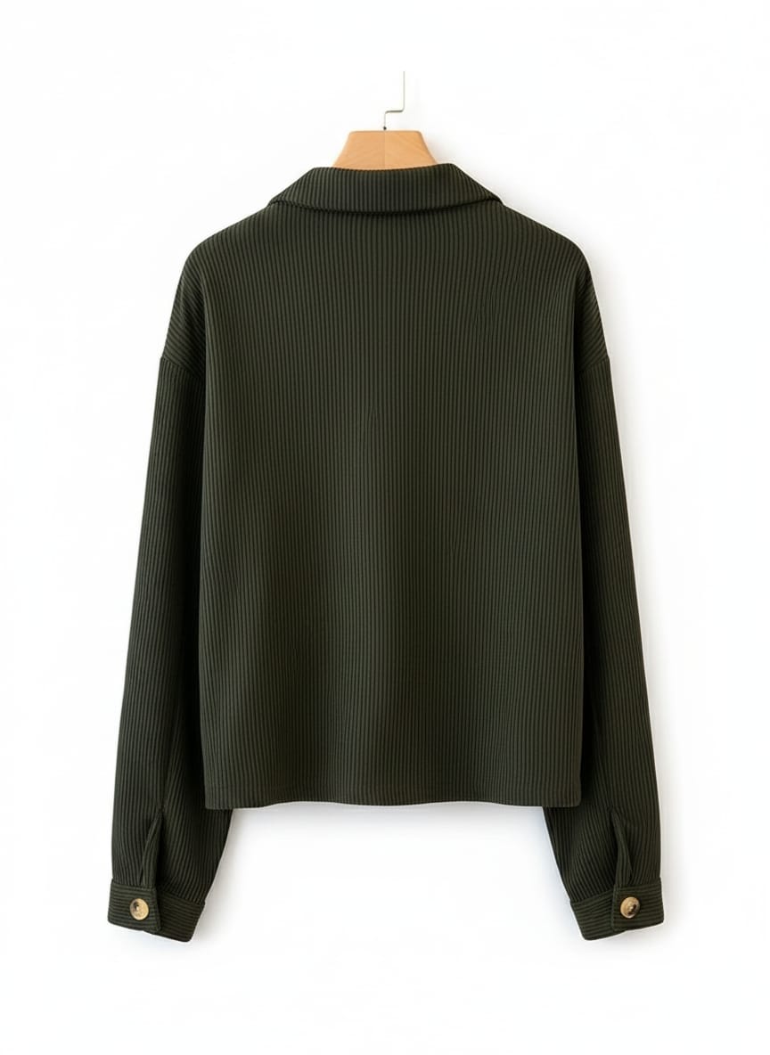 Forest Green Ribbed Knit Cropped Shirt Jacket