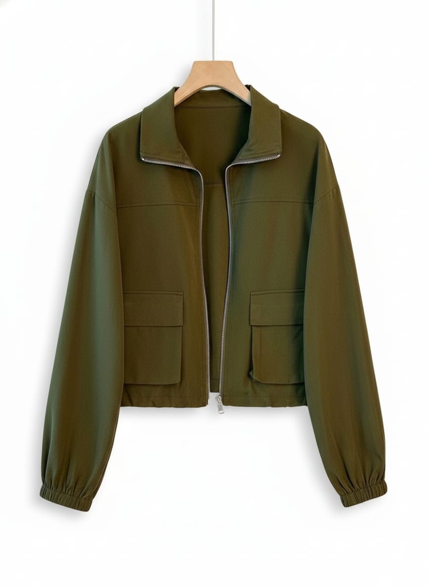 Olive Green Lightweight Utility Cropped Jacket