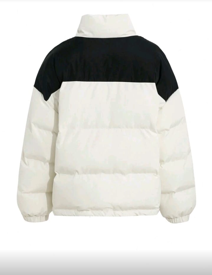 Color Block High-Neck Puffer Jacket in Black and White
