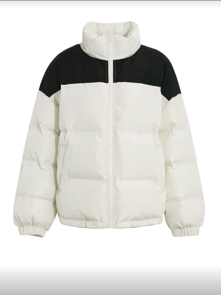 Color Block High-Neck Puffer Jacket in Black and White