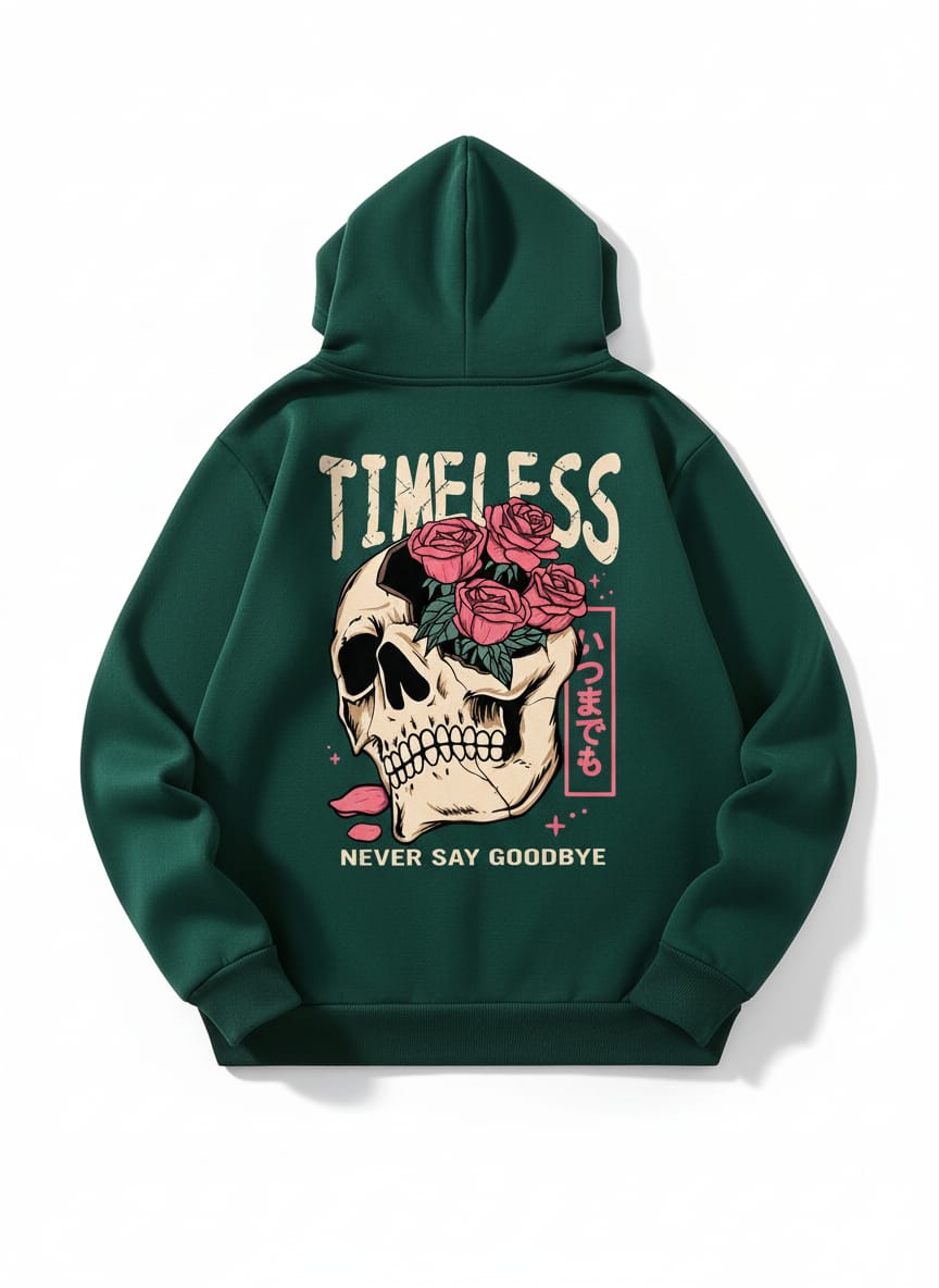 Timeless Rose Skull Graphic Hoodie in Forest Green